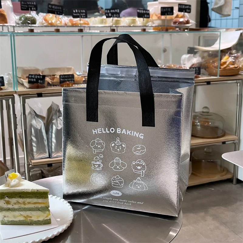 10pcs Silver Non-Woven Insulated Tote Bags, Reusable Fabric Pouches for Bread, Drinks, Food, Lunch, Grocery, Delivery, Picnic, Thermal Storage, Keep Warm or Cold, Eco-Friendly Durable Carrier - 图片 28