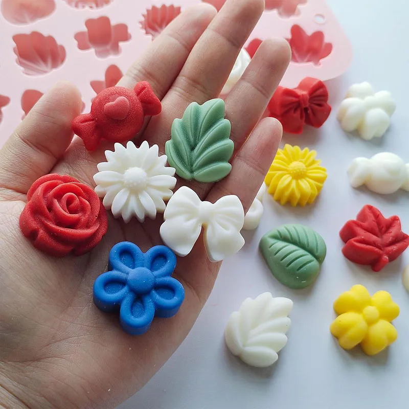 Flower Candy Silicone Mold Daisy Rose Leaf Bow Shape Chocolate Mold Ice Cube Tray 3D Floral Cookie Wax Melt Cake Cupcake Fondant Baking Decoration Moulds for Kitchen DIY Crafts