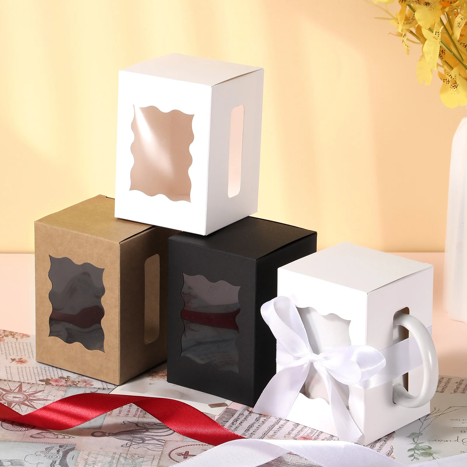 12PCS Mug Gift Boxes with 1 Roll Ribbon – Transparent Gift Packaging Box for Wrapping 11-12oz Sublimation Mugs, Mugs, and Wine Bottles, Ideal for Gifting and Customization