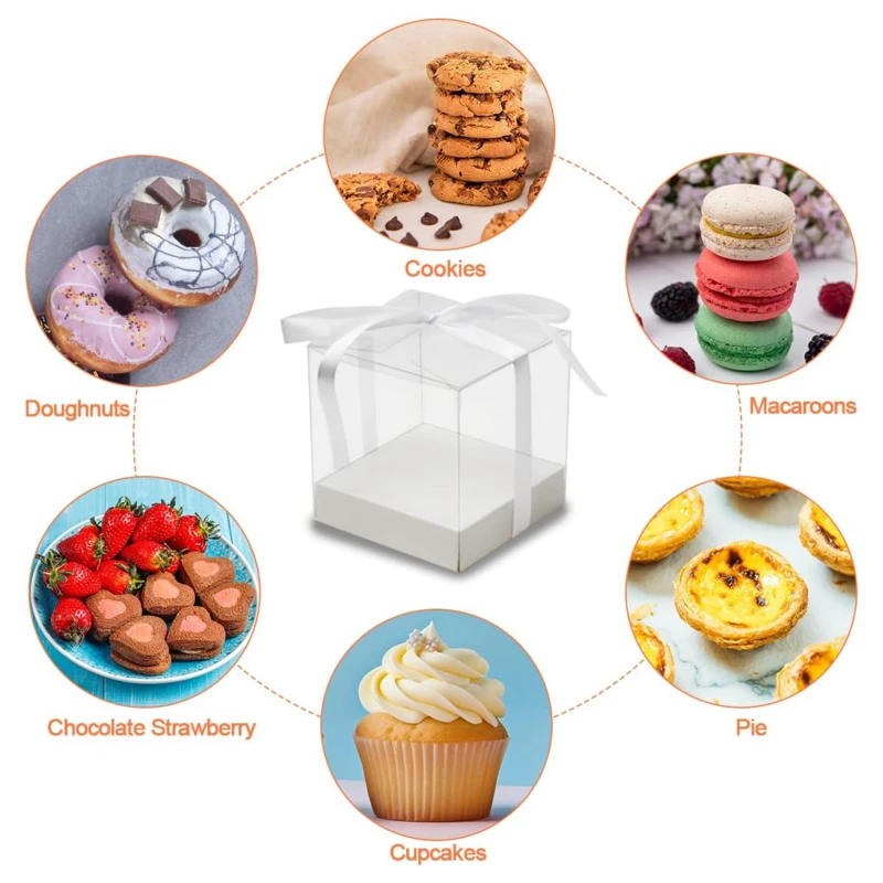 12Pcs PET Square Transparent Cupcake and Cake Boxes with Decorative Ribbons, Clear Plastic Dessert Containers for Wedding, Birthday, Party, Baking, Gift Packaging, and DIY Treat Presentation 14