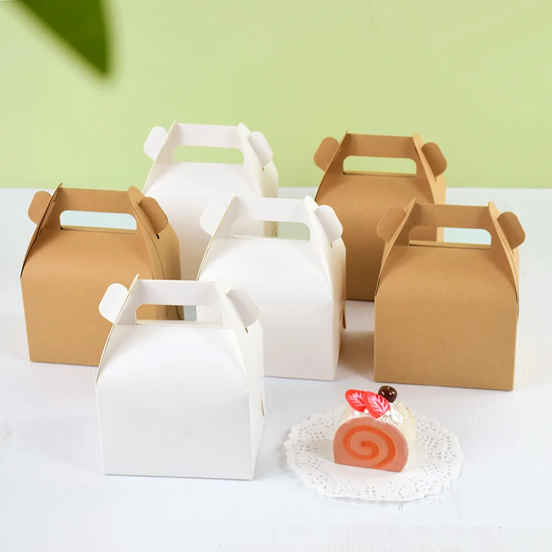 5/10Pcs Brown and White Kraft Paper Cake Boxes with Handle, Portable Gift Boxes for Cakes, Desserts, Mousse, Cupcakes, Birthday, Wedding, Party, Bakery Packaging, Pastries, DIY Gift Wrapping, Portable Cake Carrier - 图片 5