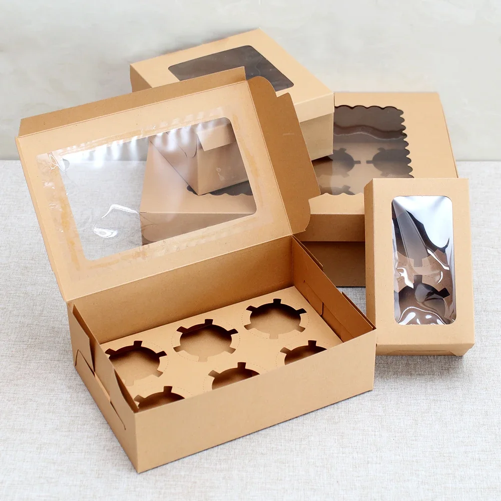 10Pcs Kraft Paper Cupcake Packing Boxes with Clear Window, Cardboard Cake Muffin Cookies Candy Packaging, Wedding Birthday Party Favors, 4 Sizes for Desserts and Gifts - 图片 4