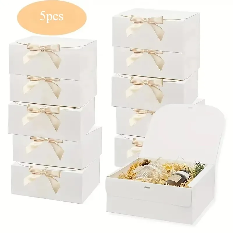 5Pcs Paper Gift Boxes with Lids, Foldable Bridesmaid Proposal Boxes with Ribbon, Elegant Wedding Gift Wrap Packaging Boxes for Presents, Birthday, Anniversary, and Holiday Party Supplies - 图片 8