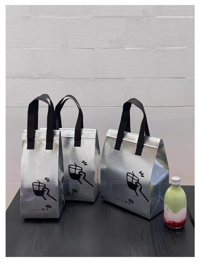 10pcs Silver Non-Woven Insulated Tote Bags, Reusable Fabric Pouches for Bread, Drinks, Food, Lunch, Grocery, Delivery, Picnic, Thermal Storage, Keep Warm or Cold, Eco-Friendly Durable Carrier 2