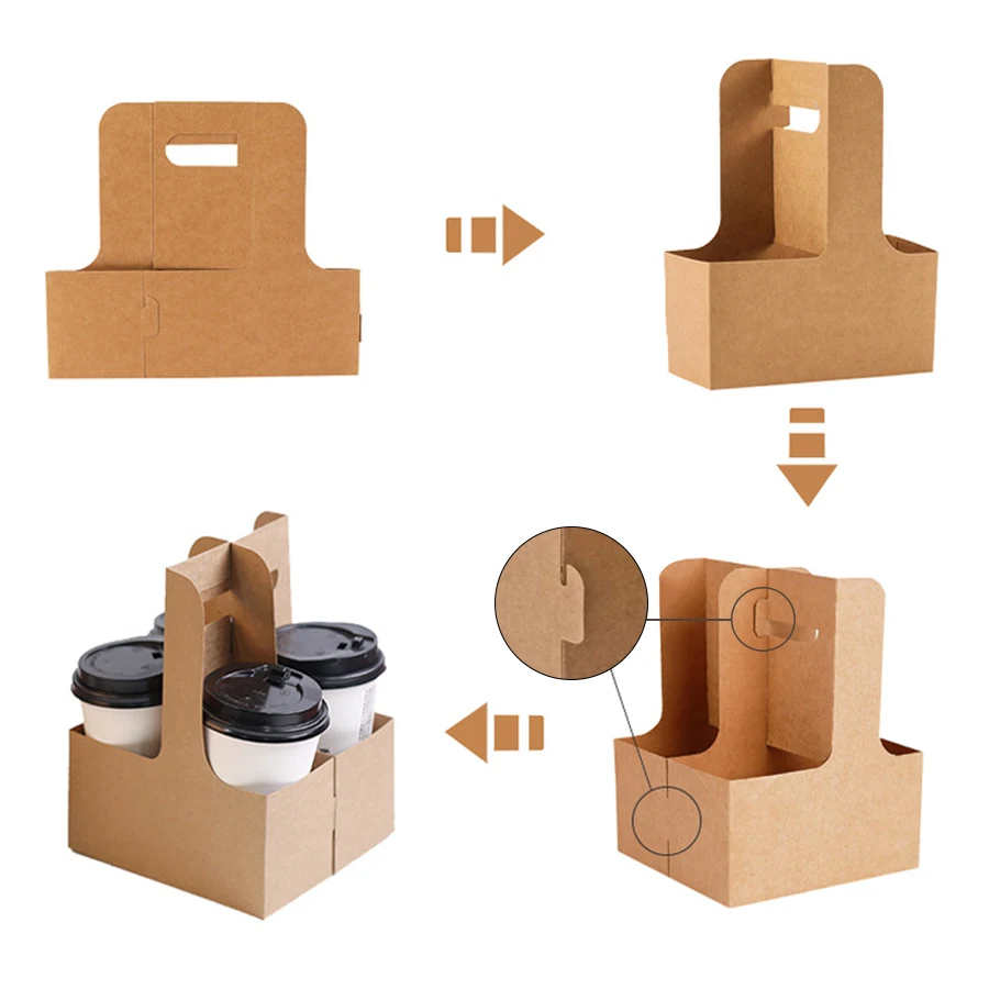 10/20Pcs Kraft Paper Take Out Bags for Flower Coffee Drinks with 2 Cup Holders, Two-in-One Assembly Converts to 4 Cup Holders, INS Popular Beverage Carrying Bags for Party Café Event Accessories - 图片 3