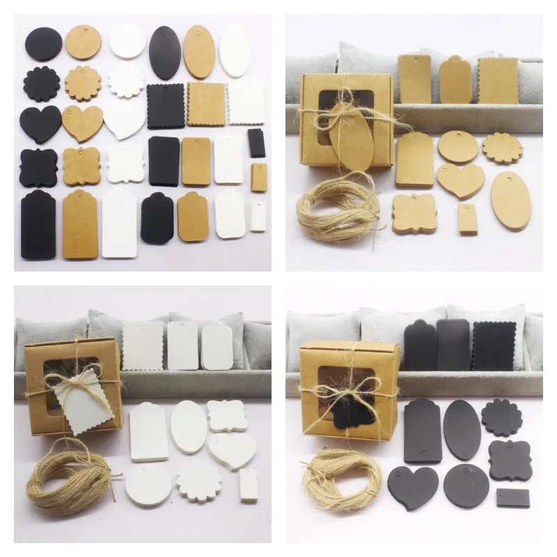 50 TAG + 10M STRING White/Black/Kraft Paper Multiple Shapes Blank Small Tags for Gift Packaging, Party Favors, DIY Craft Accessories, and Labeling, Customizable Tags for Weddings, Holidays, and Events