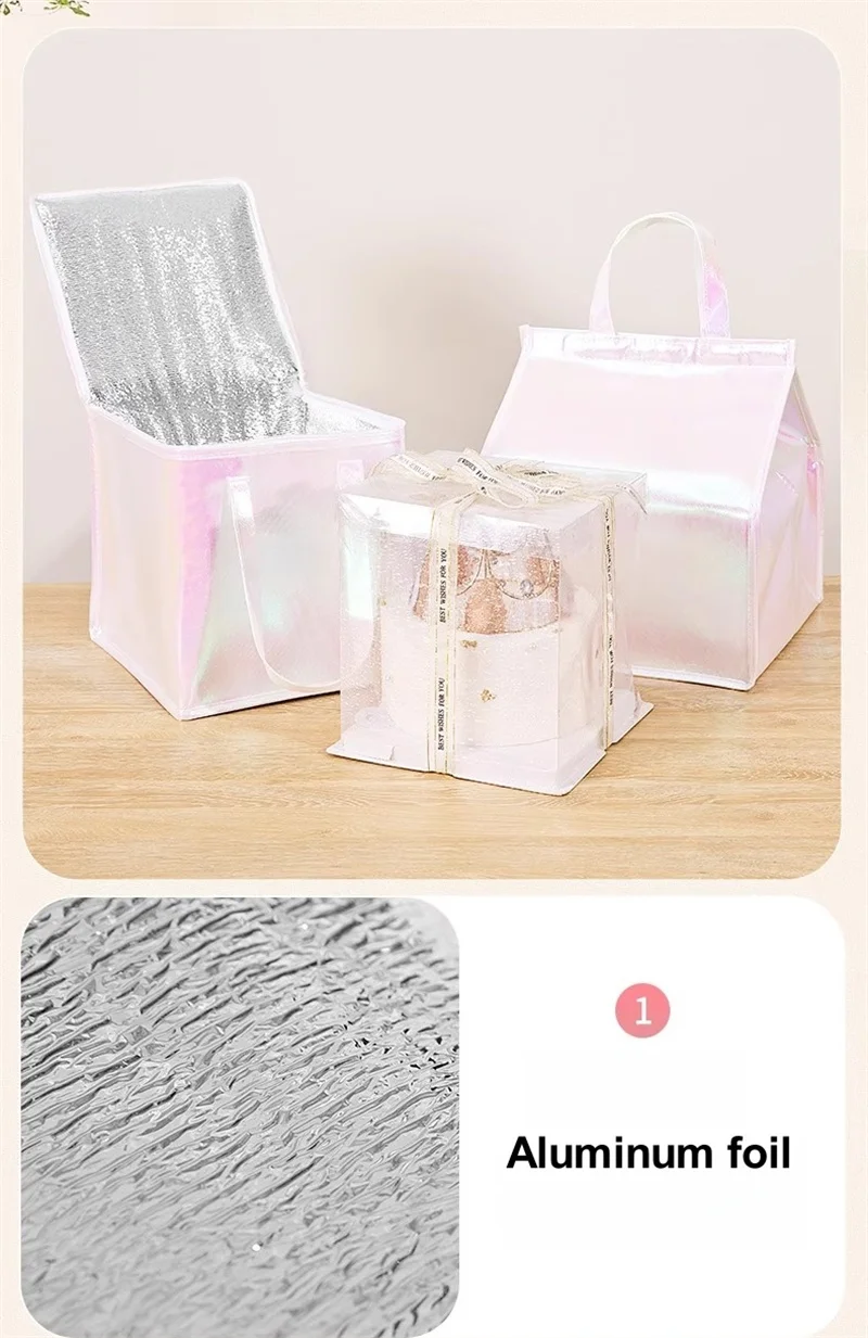 5pcs Laser Color Non-Woven Insulated Tote Bags – Portable Reusable Fabric Pouches for Cake, Food, Drinks, and Snacks, Thermal Carrier Keeps Hot or Cold, Perfect for Delivery, Picnic, Grocery, Work, School 6