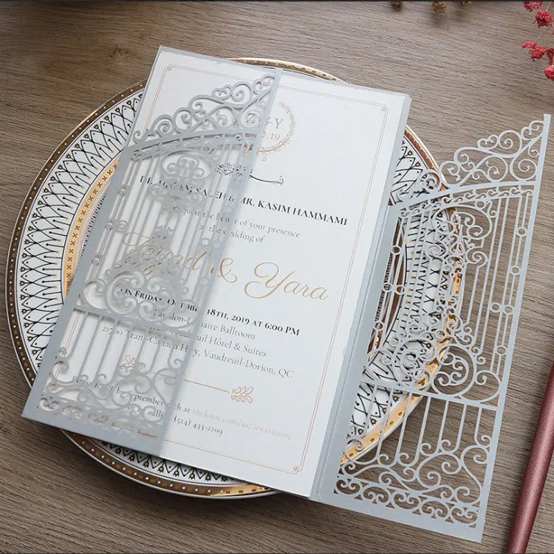 50PCS Laser Cut Wedding Gate Invitations – Elegant Pink and Gold Engagement Greeting Cards with Customizable Printing, Perfect for Bridal Shower, Anniversary, Birthday, Banquet, and Party Supplies - 图片 9