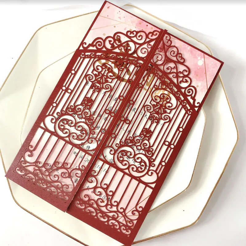 50PCS Laser Cut Wedding Gate Invitations – Elegant Pink and Gold Engagement Greeting Cards with Customizable Printing, Perfect for Bridal Shower, Anniversary, Birthday, Banquet, and Party Supplies
