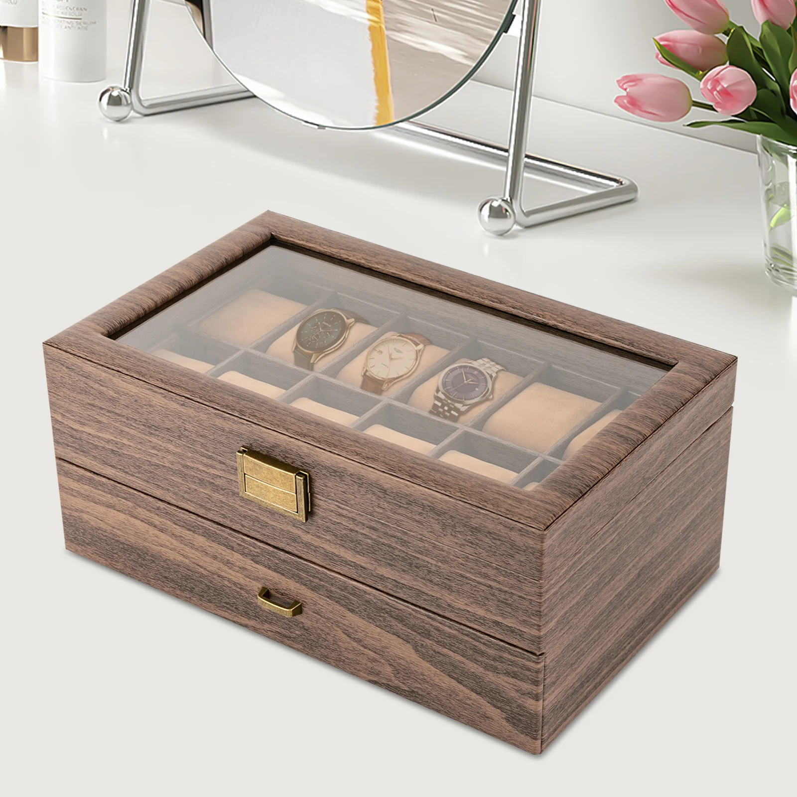 24-Slot Watch Box Organizer PU Leather Display Case with Glass Lid, Two-Tier Jewelry Storage Case with Soft Pillows for Men, Elegant Rustic Brown Watch Packaging Organizer for Dresser and Gift - 图片 2