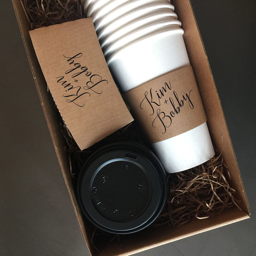Personalized Disposable Ice Coffee Cup Sleeves Wedding Party Heat-Insulated Cup Holders Bar Reception Corrugated Paper Cup Covers for Hot and Cold Drinks DIY Beverage Accessories - 图片 4