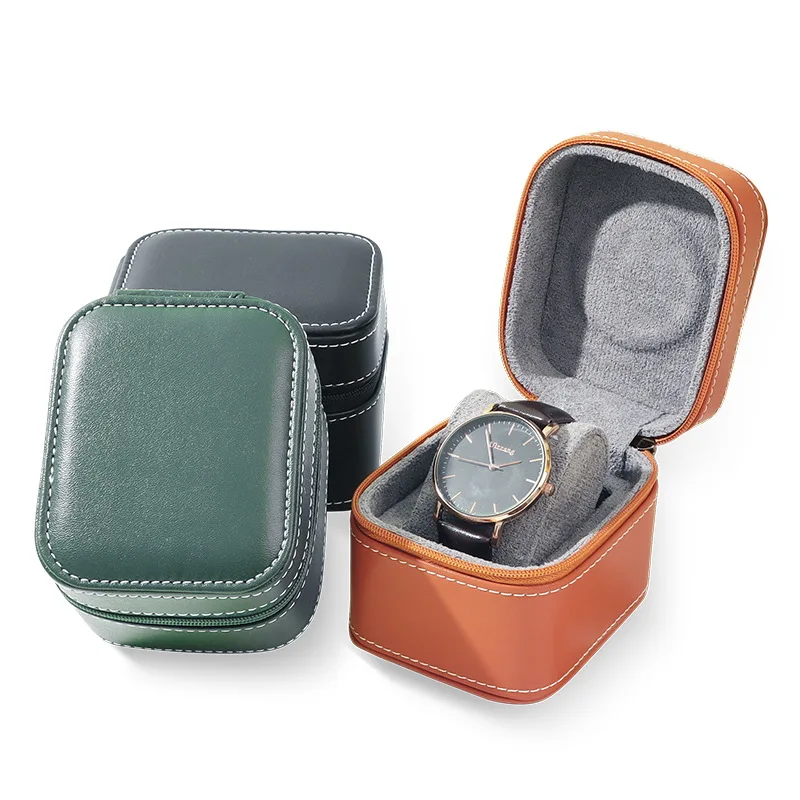 Travel Watch Case ⌚ Single Watch Travel Box – PU Leather Watch Carrying Case Organizer – Compact Storage Display Pouch for Men – Protective Jewelry Travel Case Black/Green/Orange - 图片 5