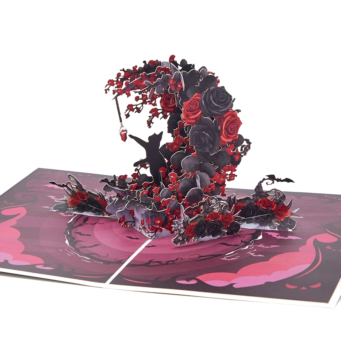 Exquisite Crescent-Shaped 3D Pop-Up Greeting Card – Elegant Black & Red Rose with Cat Design, Creative Birthday Gifts, Unique Handmade Card for Friends, Family, Lovers & Special Celebrations - 图片 3