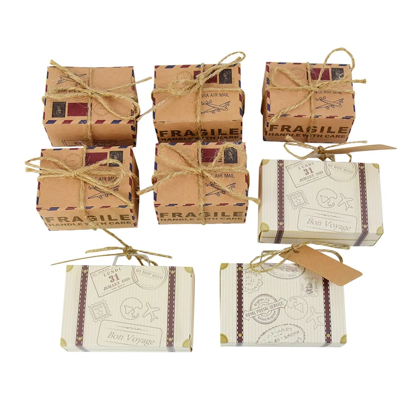 10P Mini Suitcase Candy Boxes with Rope Travel Theme Stamp Decor Kraft Paper Drawable Boxes for Wedding Birthday Gift Packaging DIY Party Favor Travel-Themed Supplies - 图片 5