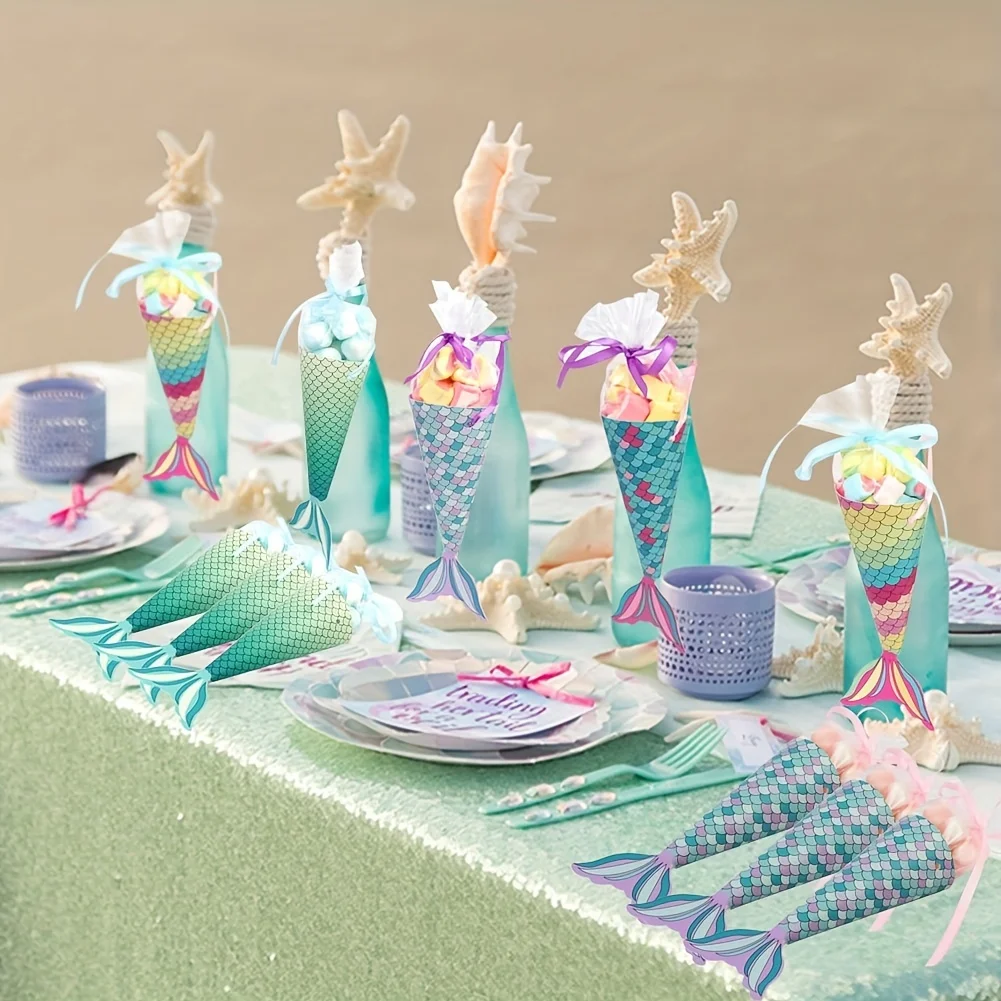 12Pcs Mermaid Paper Candy Gift Boxes with Invitation Card Gift Bags for Girls Birthday Party Treats Mermaid-Themed Party Favors Decorations DIY Candy Packaging Accessories Celebration Supplies