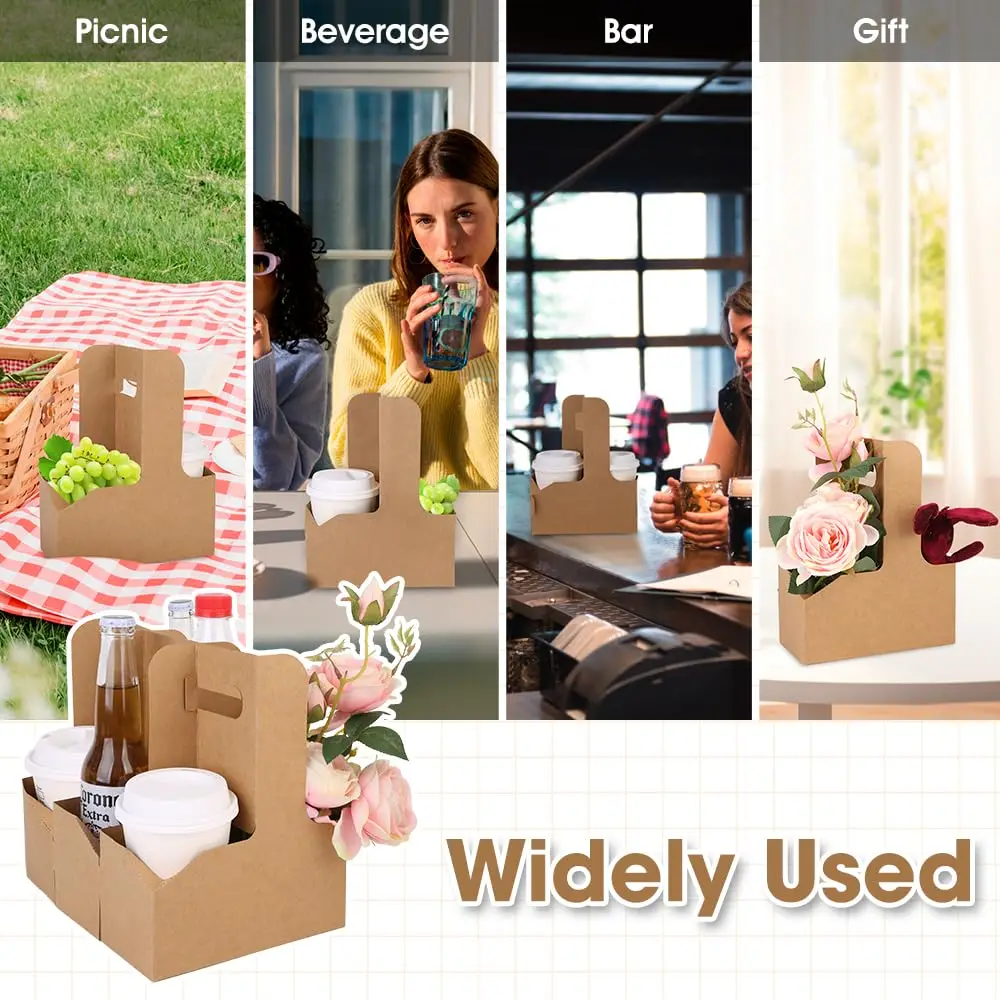 Drink Holder with Handle Paper Cup Holder Coffee Drink Holder Tray Disposable Takeaway Cardboard Beverage Carrier for Hot and Cold Drinks Portable Cup Tray for Party Café Event