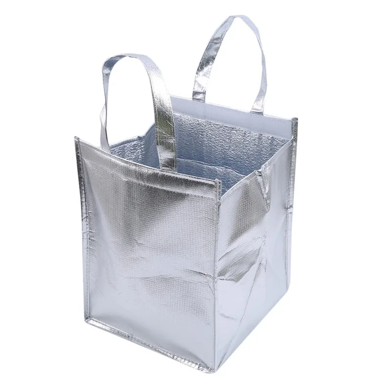 1Pc Silver Thermal Insulated Lunch Bag – Large Square Foil Cooler Tote for Cake, Sandwiches, Coffee, Drinks, and Fresh Food Storage, Reusable Refrigerated Picnic Delivery Bag