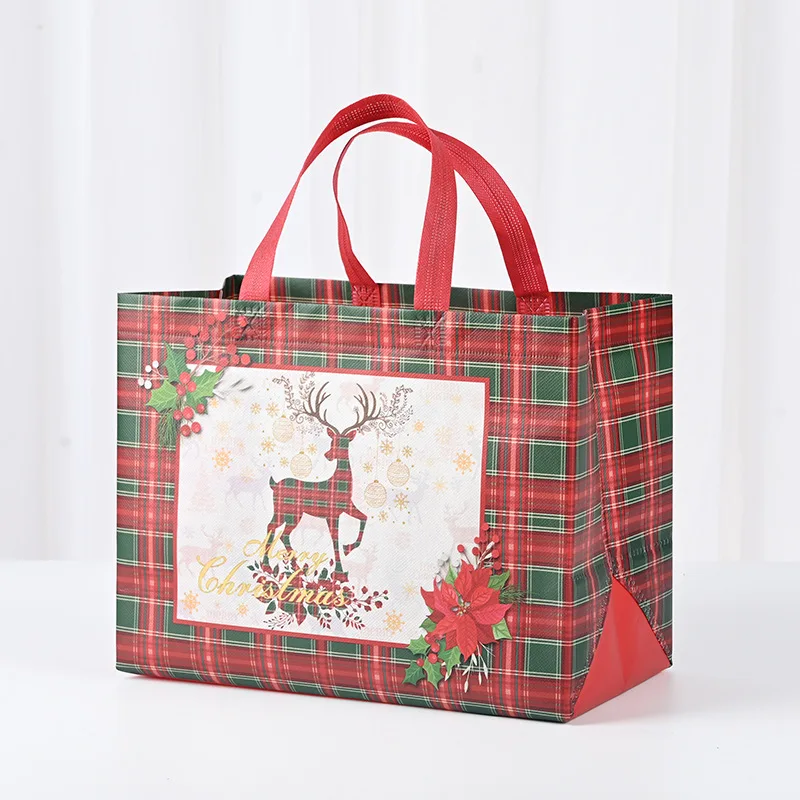 New Plaid Christmas Candy Gift Bags | Cute Santa Claus & Snowman Pattern Non-Woven Handbag | Waterproof Reusable Holiday Gift Packaging Tote for Xmas Party Supplies Decorations - 图片 2