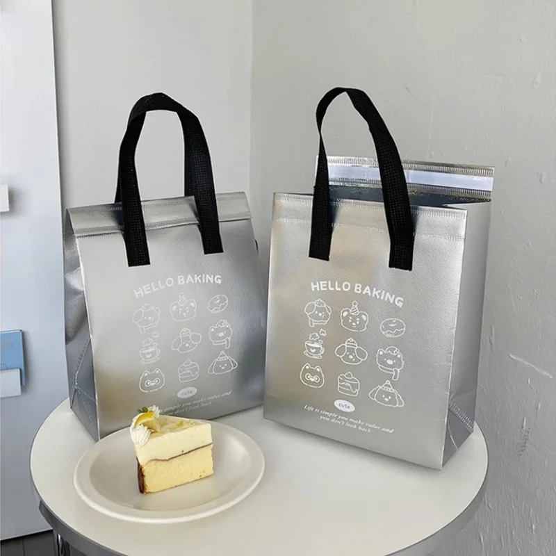 10pcs Grey/Silver Non-Woven Insulated Tote Bags – Portable Reusable Fabric Pouches for Food, Snacks, and Beverages, Thermal Carrier Keeps Hot or Cold, Perfect for Delivery, Picnic, Grocery, Work, School - 图片 5