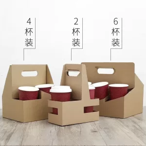 Thickened Kraft Paper Hand-Held Cup Holder 2/4/6 Cups Coffee Milk Tea Takeaway Packaging Box Portable Beverage Carrier Hand-Held Cup Holder Bag for Party Café Event