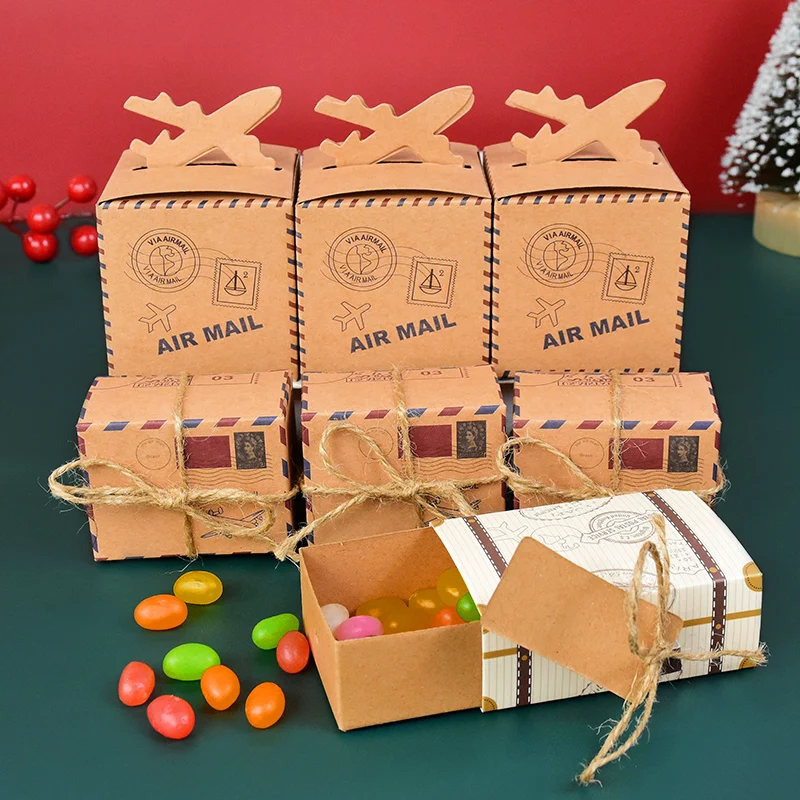 10P Mini Suitcase Candy Boxes with Rope Travel Theme Stamp Decor Kraft Paper Drawable Boxes for Wedding Birthday Gift Packaging DIY Party Favor Travel-Themed Supplies