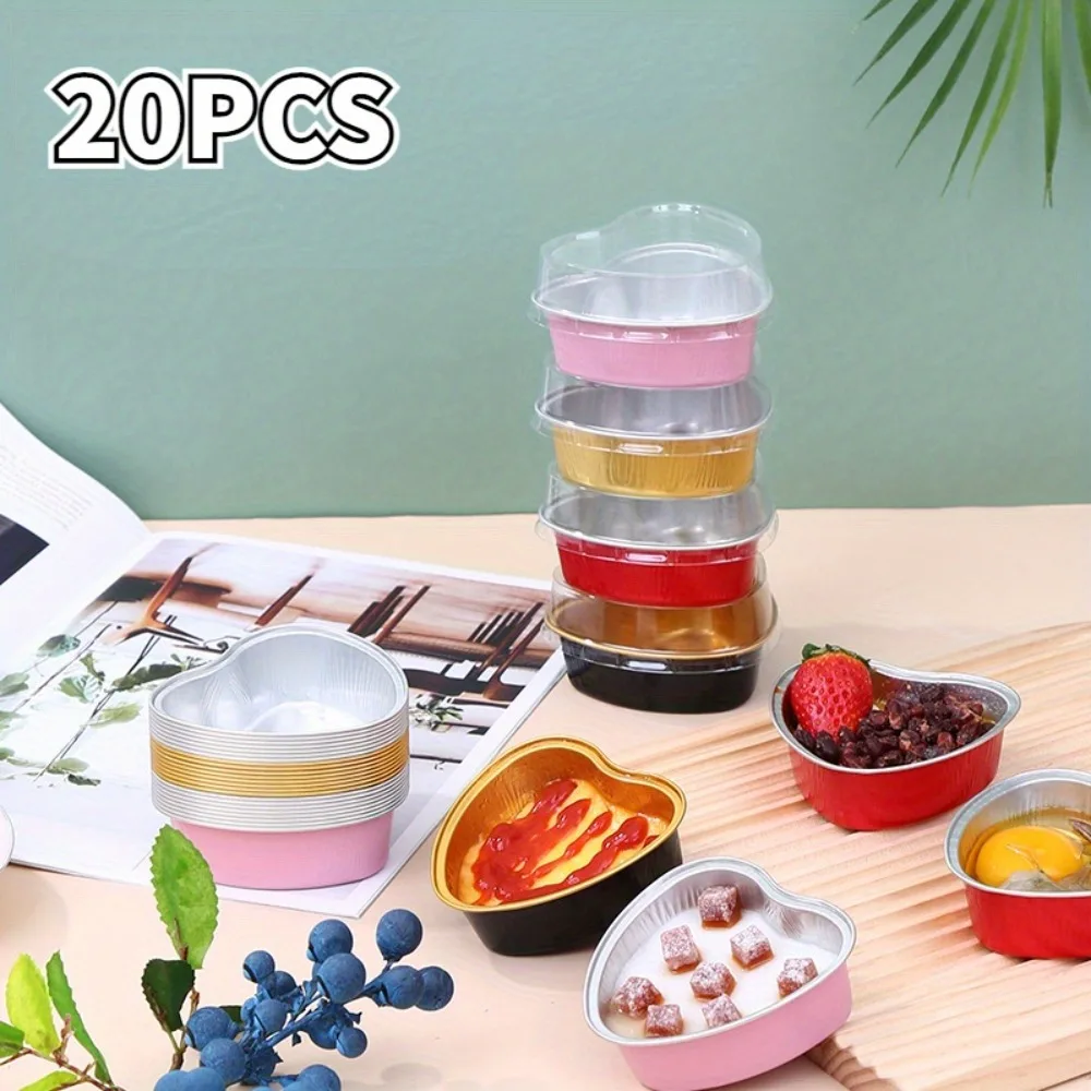 20PCS Heart Shape Disposable Aluminum Foil Cupcake Liners with Lids, Mini Cake Pans, Perfect for Weddings, Birthdays, Parties, Baking, and Kitchen Gadgets, Ideal for Cupcakes, Desserts, and Treats