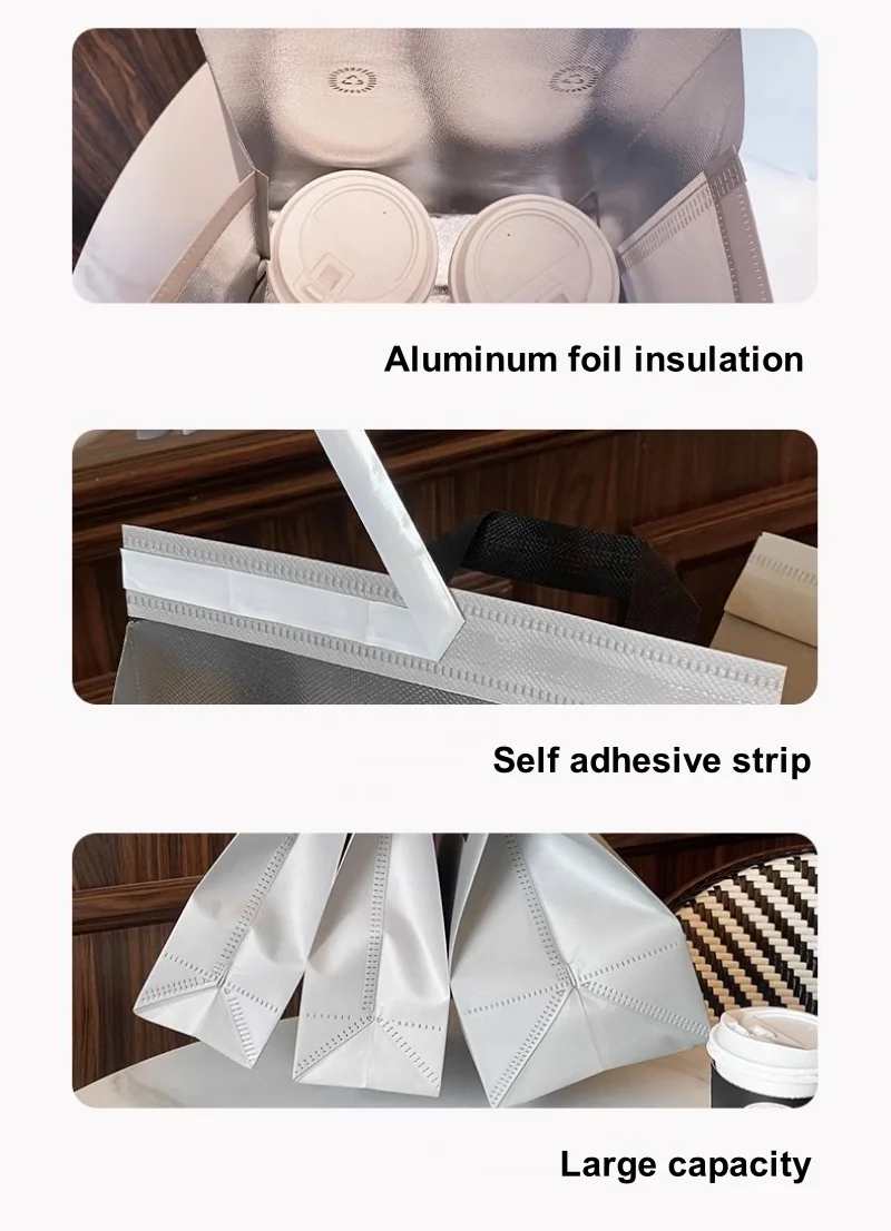 10pcs Grey Non-Woven Insulated Tote Bags – Portable Reusable Fabric Pouches for Food, Drinks, Snacks, and Meals, Thermal Carrier Keeps Hot or Cold, Ideal for Delivery, Picnic, Grocery, Work, School 7