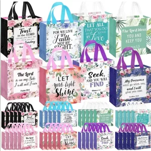 32 Pcs Bible Verse Flower Gift Bag with Handles Reusable Gift Bags Bulk Christian Baptism Tote Bags Non Woven Gift Bag Bolsa de Regalo Cristiana Sac Cadeau Religieux Borsa Regalo Cristiana حقيبة هدايا مسيحية 기독교 선물 포장 가방