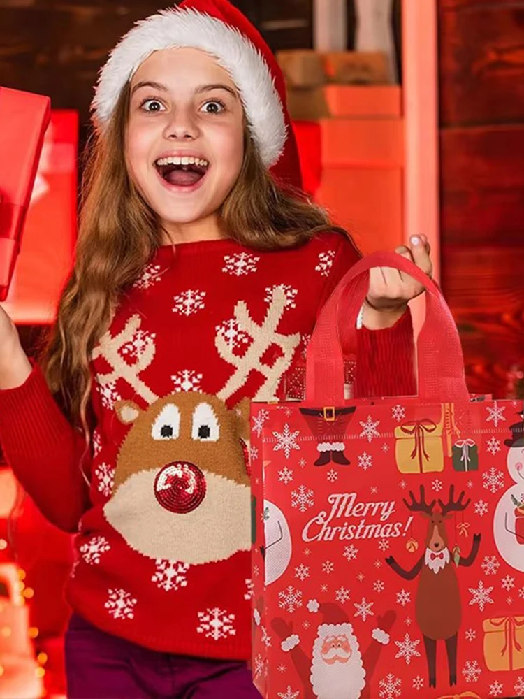 2Pcs Dark Blue Christmas Gift Bags | Cartoon Santa Elk Printed Non-Woven Handbags | Foldable High-Capacity Storage Bags for Holiday Party Gift Packaging 7