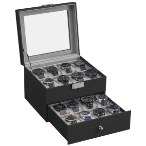 20 Slot Watch Display Case ⌚ – Lockable Black Leather Storage Box with Glass Lid, 2 Layer Organizer for Men's Jewelry Collection, Large Capacity 48mm Watch Holder