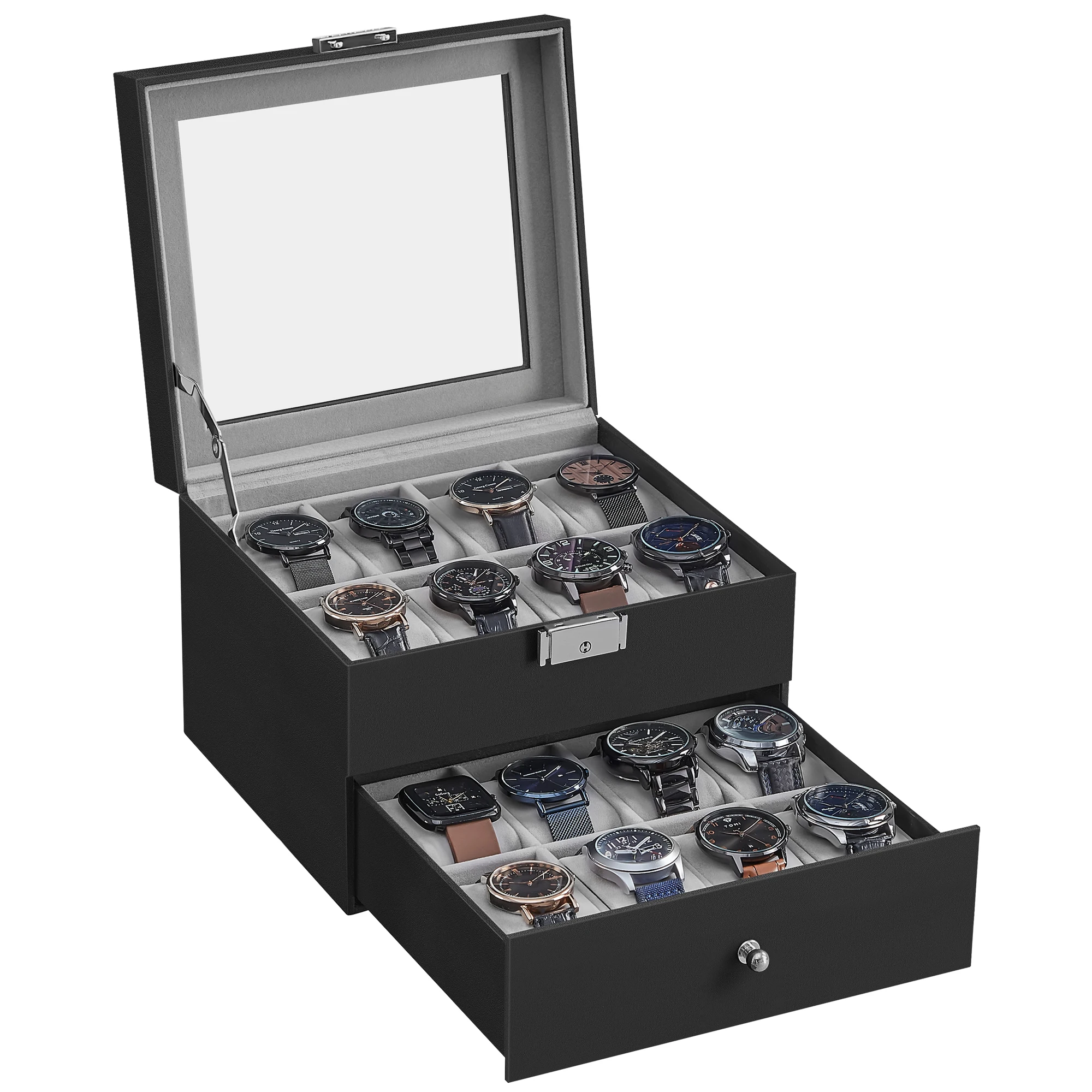 20 Slot Watch Display Case ⌚ – Lockable Black Leather Storage Box with Glass Lid, 2 Layer Organizer for Men's Jewelry Collection, Large Capacity 48mm Watch Holder
