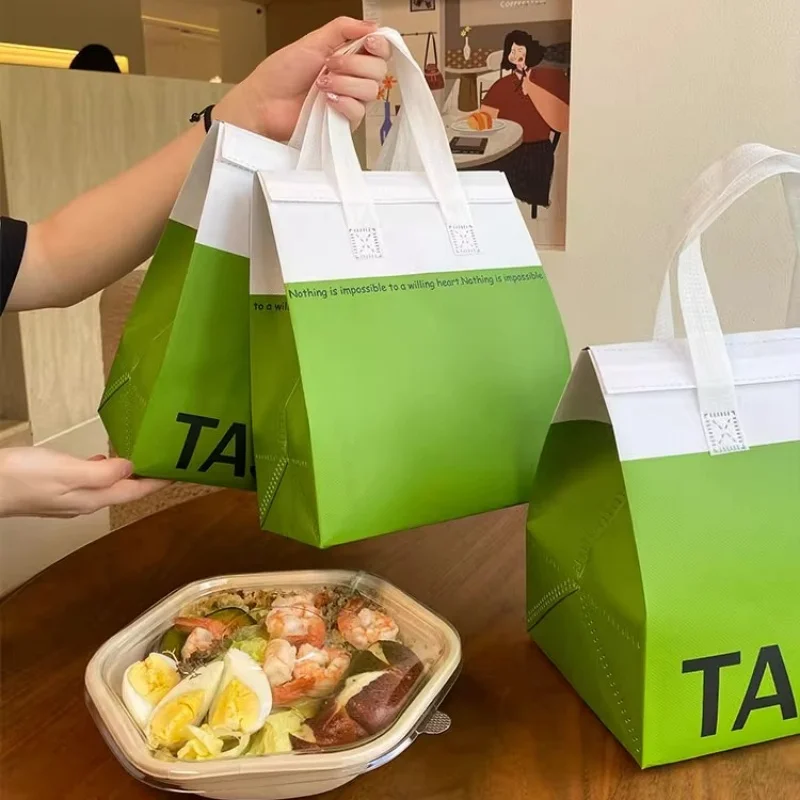 10pcs Green Non-Woven Insulated Tote Bags – Portable Reusable Pouches for Food, Drinks, Cake, and Snacks, Thermal Carrier Keeps Hot or Cold, Ideal for Delivery, Picnic, Grocery, Work, School - 图片 3
