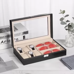 Luxury watch box with multiple slots featuring glass lid, soft velvet interior, and premium PU leather construction for men and women watch collectors