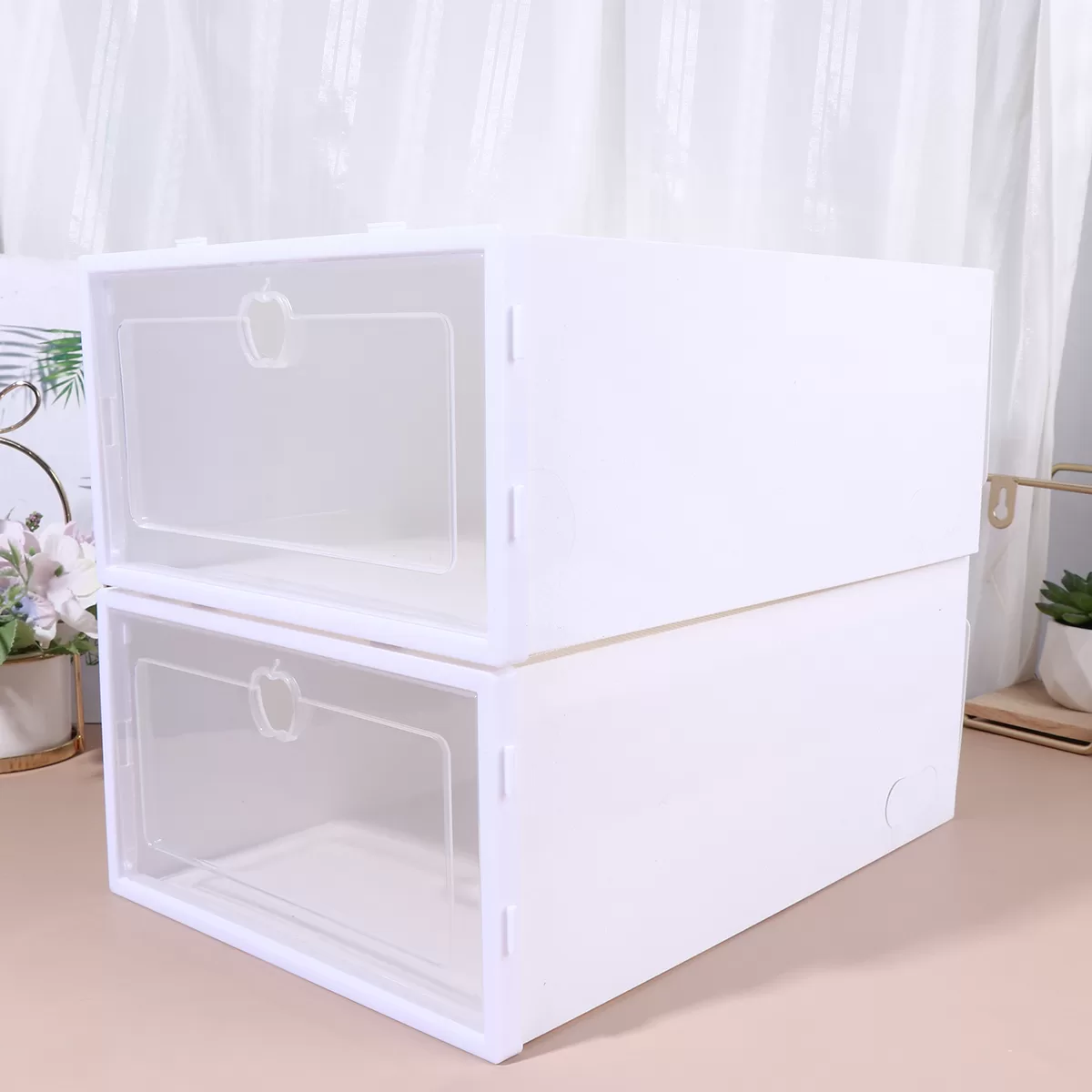 6PCS Thickened Drawer-Type Shoe Storage Boxes, Transparent Stackable Shoe Organizer for Closet Display, Dustproof & Moisture-Resistant Shoe Containers for Heels, Sneakers, Boots (White, Random Frame Color) 2
