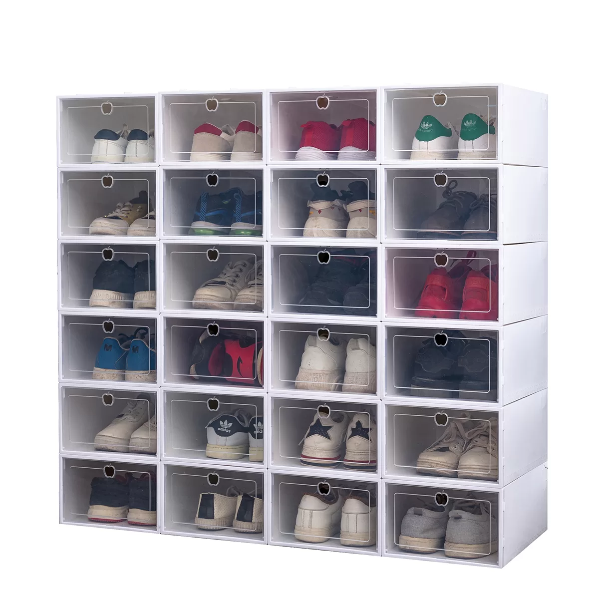 6PCS Thickened Drawer-Type Shoe Storage Boxes, Transparent Stackable Shoe Organizer for Closet Display, Dustproof & Moisture-Resistant Shoe Containers for Heels, Sneakers, Boots (White, Random Frame Color) 1