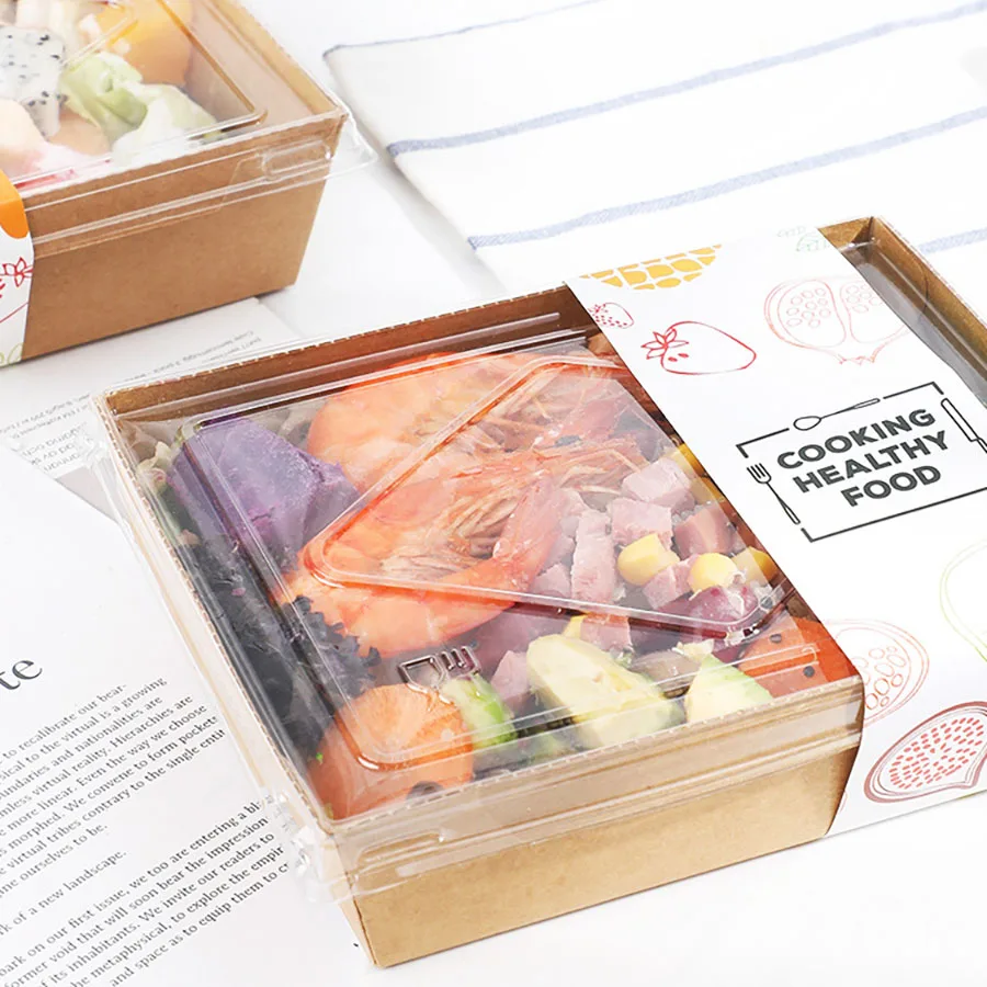 30pcs Kraft Paper Lunch Boxes with Lid 500ml 700ml 900ml 1200ml Eco-Friendly Disposable Food Takeaway Packaging Boxes for Sushi Salad Cake Sandwich Party Meal Prep Restaurant Use 1