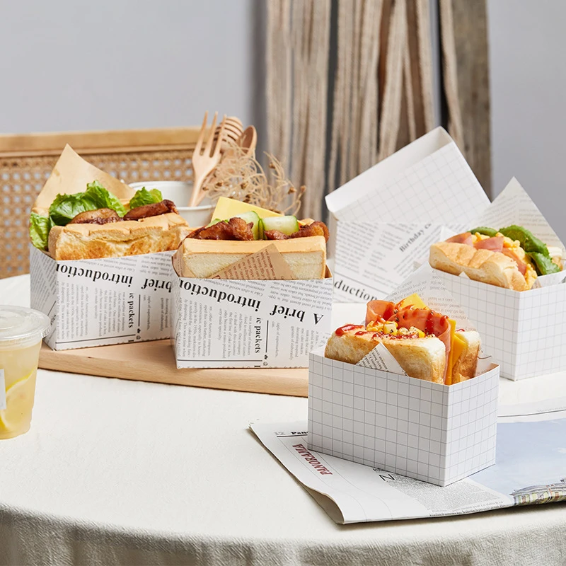 50PCS Kraft Paper Sandwich and Burger Packaging Boxes with Oilproof Lining, Disposable Toast and Bread Holder Paper Trays for Pastry, Cake, Sushi, Fried Chicken, Steak, Vegetables, Snacks, Party or Wedding - 图片 2