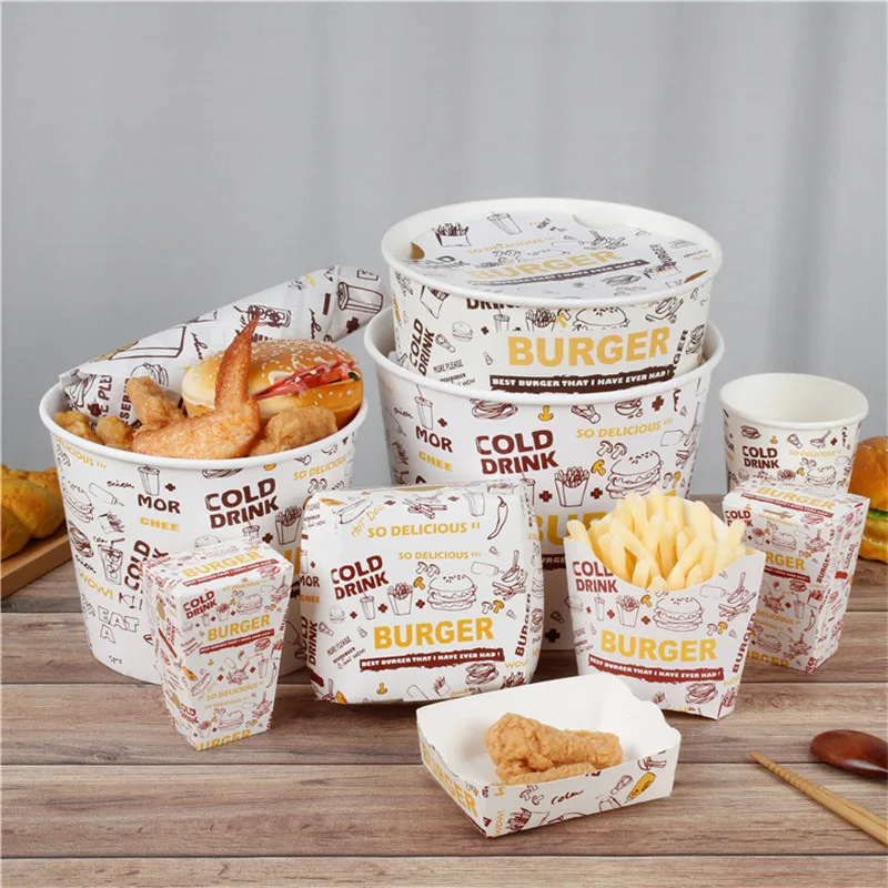 100pcs Fried Chicken Packaging Boxes with Wax Paper, Disposable Hamburger and Food Wraps, Bread Bags, Snack Packaging Boxes for Kitchen, Takeout, and Catering