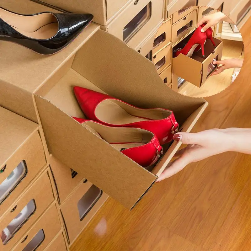 Folding Shoes Storage Box 1Pc Stackable Sneaker Organizer, Eco-Friendly Foldable Kraft Paper Shoebox Container, Durable Shoe Drawer for Children, Women, Men, High Heels, Martin Boots - 图片 3