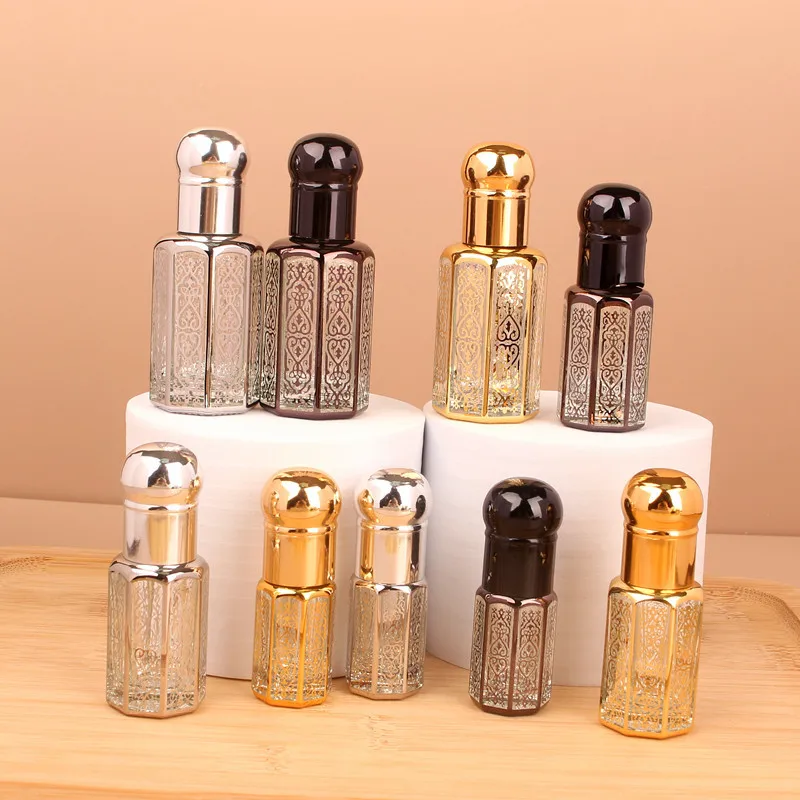 3ml/6ml/12ml Luxury Colored Glass Essential Oil Bottles – Electroplated Carved Design with Ball Applicator, Refillable Mini Containers for Perfume, Serum, Makeup and Cosmetic Travel Storage