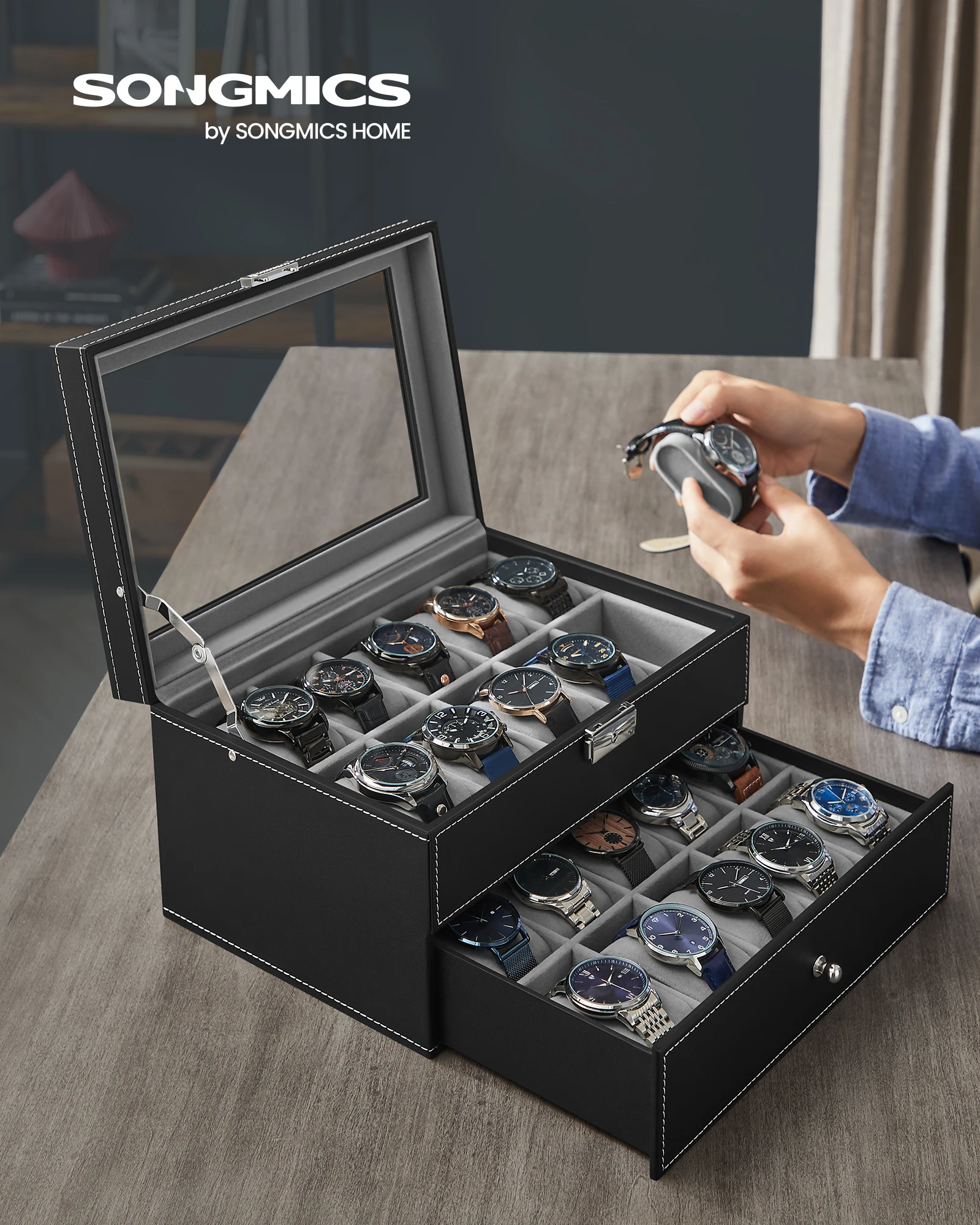 Black Synthetic Leather 20-Slot Watch Box with Glass Lid, Two-Layer Lockable Display Case, Velvet-Lined Organizer for Watches and Jewelry, Medium Density Fiberboard & PU Construction, Elegant Storage for Home & Office - 图片 2