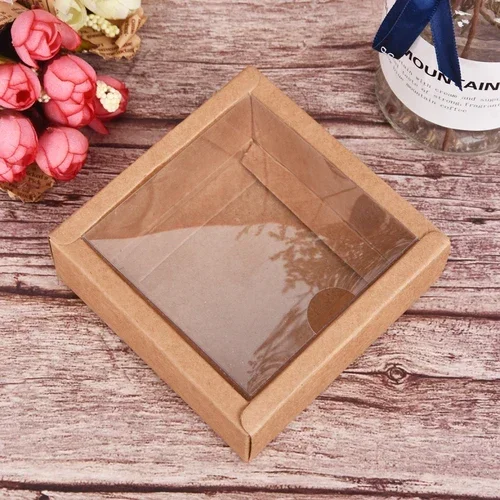 10Pcs Square Kraft Paper Gift Boxes with Frosted PVC Clear Lid, Cardboard Packaging Containers for Candy, Desserts, Soap, Handmade Cosmetics, Wedding and Party Favor Storage Cartons - 图片 6