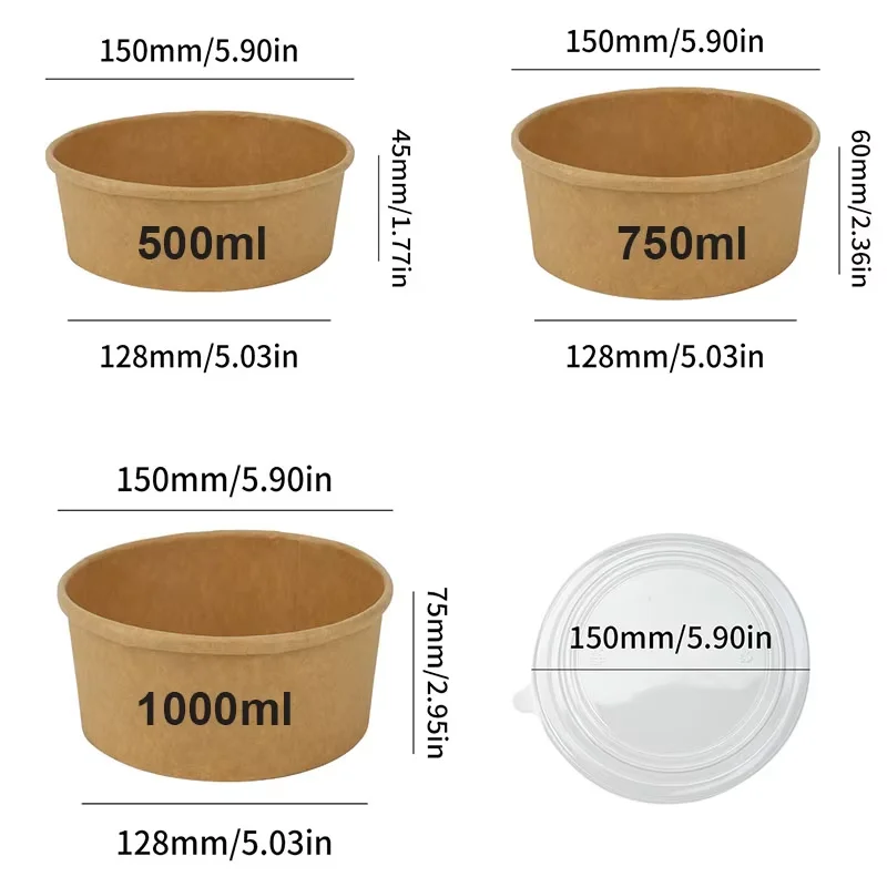25pcs Kraft Paper Round Bowls Lunch Box Bento Box Food Containers with Lid Disposable Takeaway Soup Salad Noodles Meal Prep Eco-Friendly Food Storage for Picnic Party Travel - 图片 6