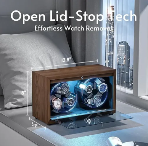 Automatic 6-Slot Watch Winder Box with Blue LED Light, Black Walnut Finish, Soft Memory Foam Pillows, Lid Sensor, Six Rotation Modes, Super Quiet Japanese Motor, PU Interior, AC Adapter Included, Ideal Gift for Luxury Watches - 图片 4