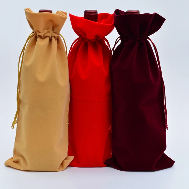 Luxury Velvet Red Wine Bottle Bag with Drawstring – 15×35cm Flannel Gift Pouch for Wedding, Birthday, Graduation, Party, or Housewarming – Soft Cloth Wine Cover, Elegant Gift Packaging - 图片 2