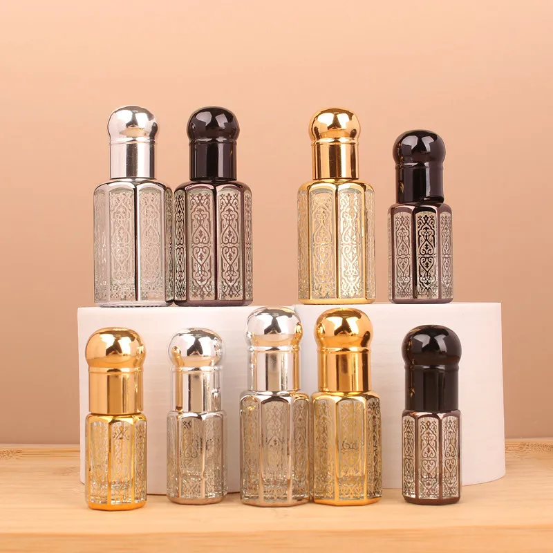 3ml/6ml/12ml Luxury Colored Glass Essential Oil Bottles – Electroplated Carved Design with Ball Applicator, Refillable Mini Containers for Perfume, Serum, Makeup and Cosmetic Travel Storage