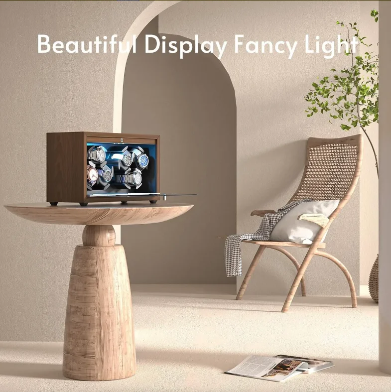 Automatic 6-Slot Watch Winder Box with Blue LED Light, Black Walnut Finish, Soft Memory Foam Pillows, Lid Sensor, Six Rotation Modes, Super Quiet Japanese Motor, PU Interior, AC Adapter Included, Ideal Gift for Luxury Watches