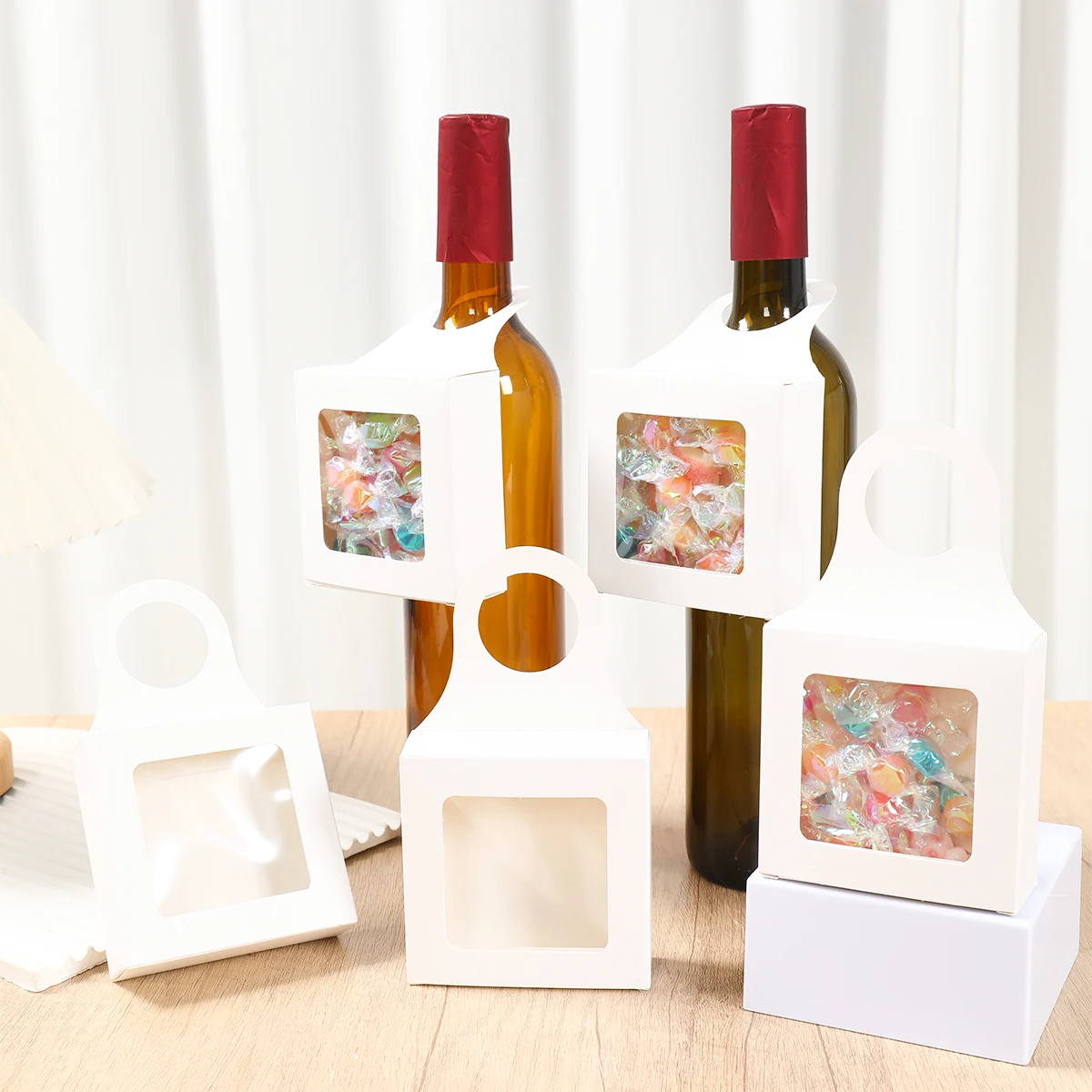 10pcs Kraft Paper Wine Gift Packaging Boxes with Window – Folding Hanging Candy, Biscuit, and Cookie Boxes, Reusable Black/White Cardboard Paper Packaging for Gifts and Parties - 图片 3