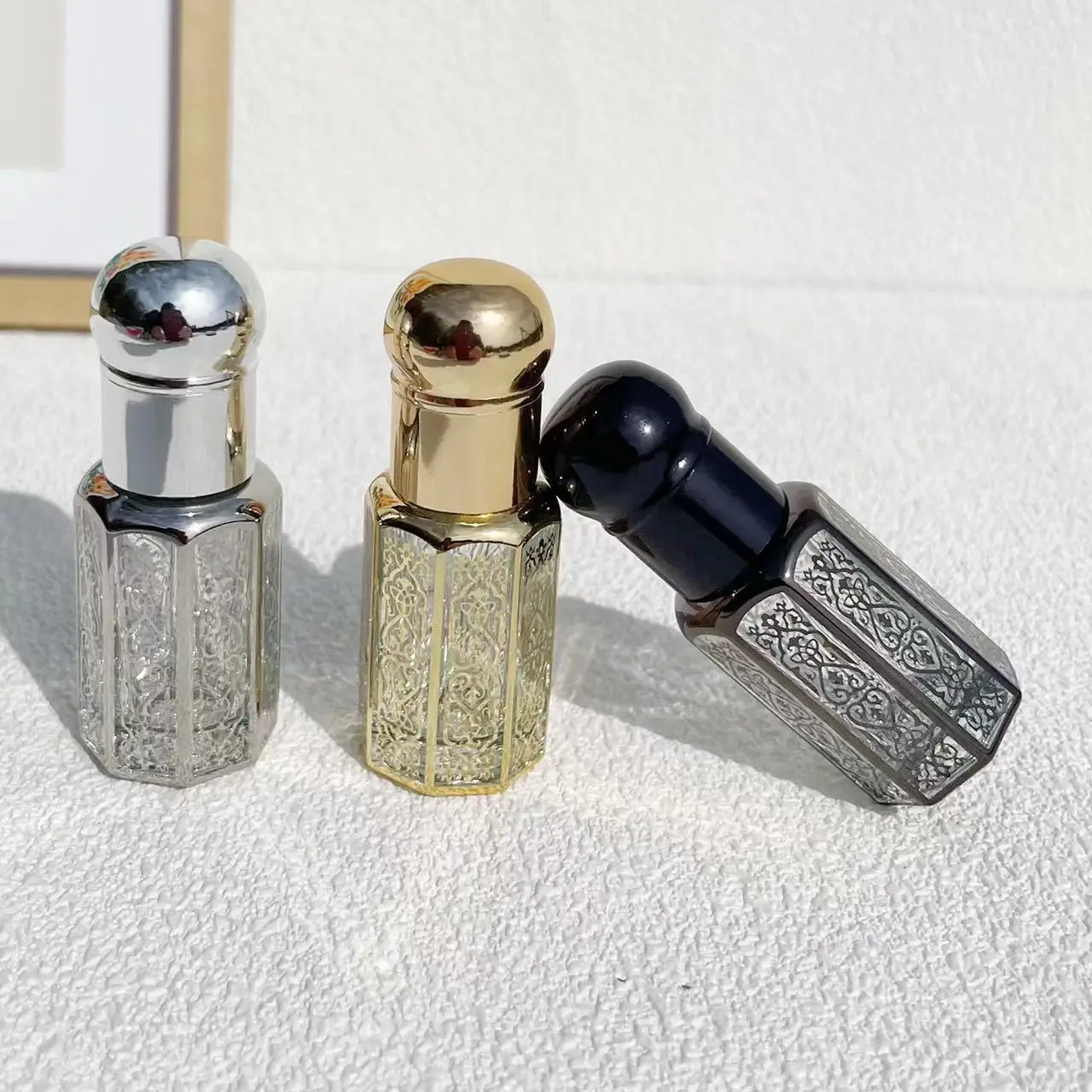 3ml/6ml/12ml Luxury Colored Glass Essential Oil Bottles – Electroplated Carved Design with Ball Applicator, Refillable Mini Containers for Perfume, Serum, Makeup and Cosmetic Travel Storage