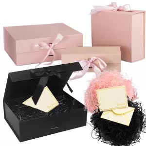 Magnetic Gift Box Kit with Lafite Grass and Greeting Cards – Luxury Folding Paper Box for Holiday, Valentine’s Day, Party Gifts, Black/Pink Decorative Reusable Packaging Box